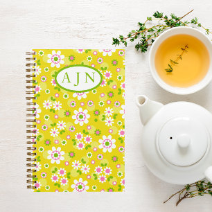 Carnet Fleurs Mood rétro Monogramme jaune et blanc