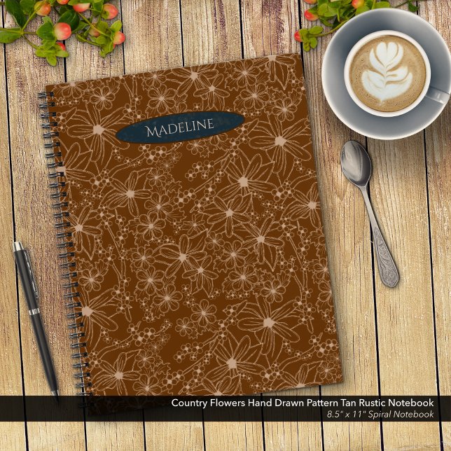 Carnet Fleurs Pays Main Tirée Motif Rustique Brown (Country Flowers Hand Drawn Pattern Brown Rustic Notebook: 8.5"x11" Spiral Notebook with Blue Name)