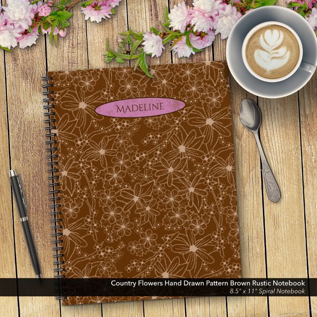 Carnet Fleurs Pays Main Tirée Motif Rustique Brown (Country Flowers Hand Drawn Pattern Brown Rustic Notebook: 8.5"x11" Spiral Notebook with Pink Name)