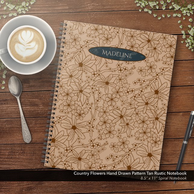 Carnet Fleurs Pays Main Tirée Motif Tan Vintage (Country Flowers Hand Drawn Pattern Tan Rustic Notebook: 8.8" x 11" Spiral Notebook)
