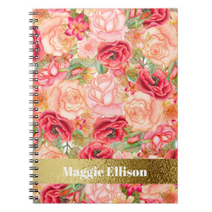 Carnet Fleurs personnalisées Roses Rose Rouge Or