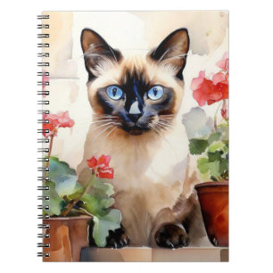 Carnet Fleurs rouges chats siamois Aquarelle mignonne Whi