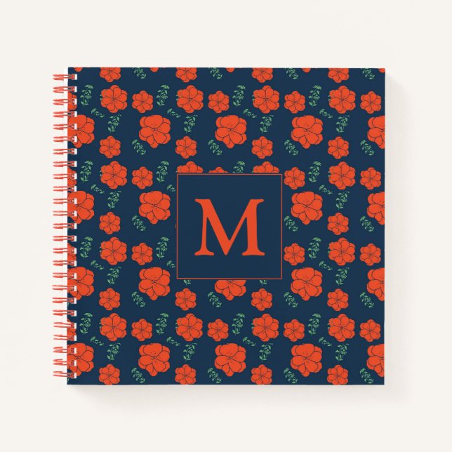 Carnet Fleurs rouges Motif Monogramme bleu foncé (Devant)