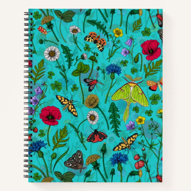Carnet Fleurs sauvages et papillons de nuit sur turquoise (Devant)