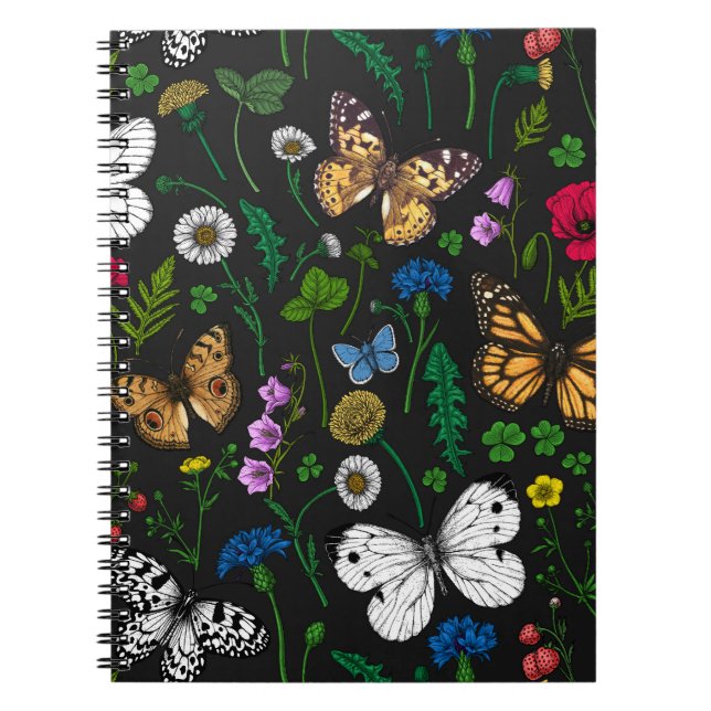Carnet Fleurs sauvages et papillons sur le noir (Devant)