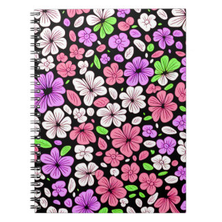 Carnet Fleurs violettes et roses et motif de pétales noir