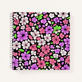 Carnet Fleurs violettes et roses et motif de pétales noir