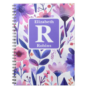 Carnet Fleurs violettes peintes à la main monogramme pers