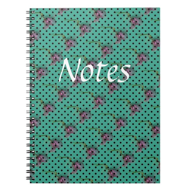 Carnet Fleurs violettes vert bleu et pois noirs (Devant)