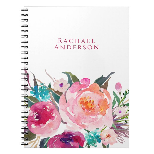 Carnet Floraison d'aquarelle féminine avec votre nom (Devant)