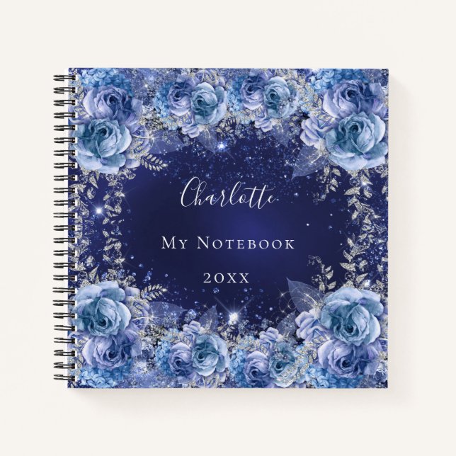 Carnet Floral bleu nom élégant (Devant)