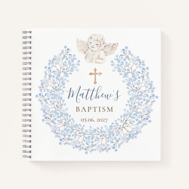 Carnet Floral Blue Baby Angel Croix Baptême (Devant)