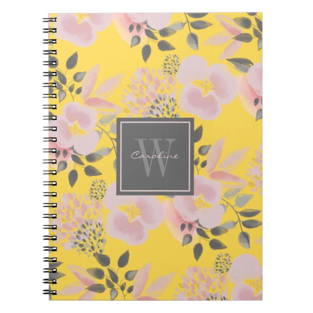 Carnet Floral gris rose féminin avec Monogramme (Devant)