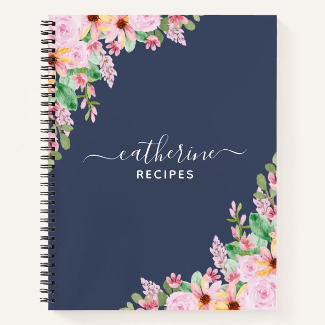 Carnet Floral Navy Blank own Cookbook Recette à écrire (Devant)