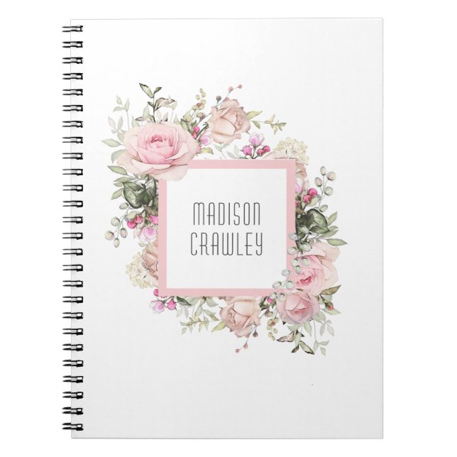 Carnet Floral rose féminine avec votre nom (Devant)
