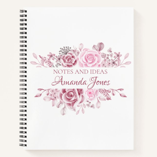 Carnet Floral rose Roses Nom personnalisé (Devant)