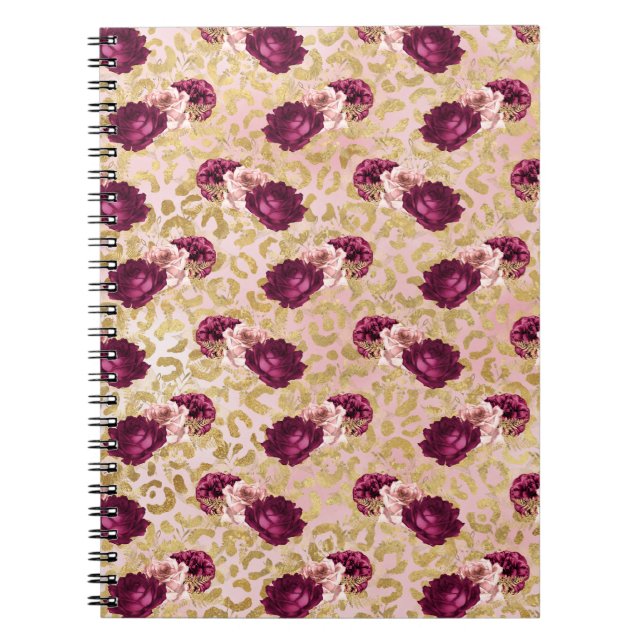 Carnet Florales de roses roses Empreintes de léopard d'or (Devant)