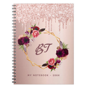 Carnet Flores de parties scintillant d'or rose monogramme