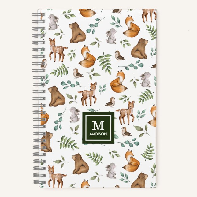 Carnet Forêt boisée mignonne Végétation Animaux Monogramm (Recto)