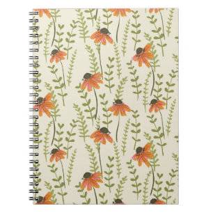 Carnet Fougères vertes, fleurs orange, nature.