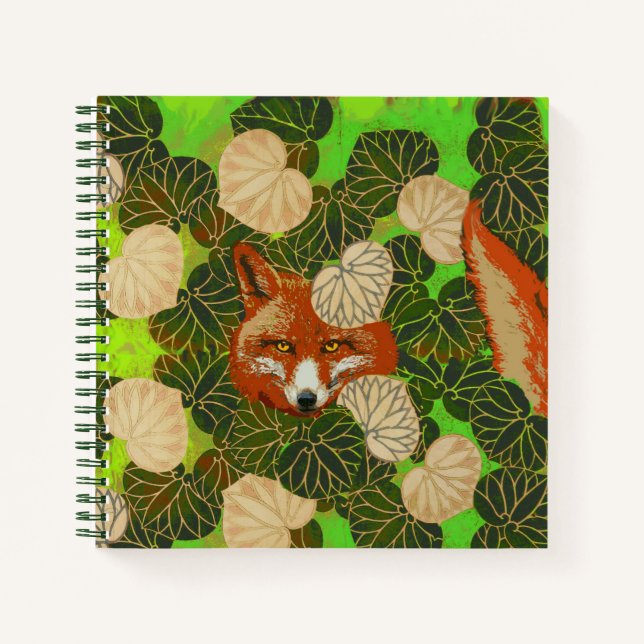 CARNET FOX ROUGE PARMI LES FEUILLES VERTS BLANCS, FOLIAGE (Devant)