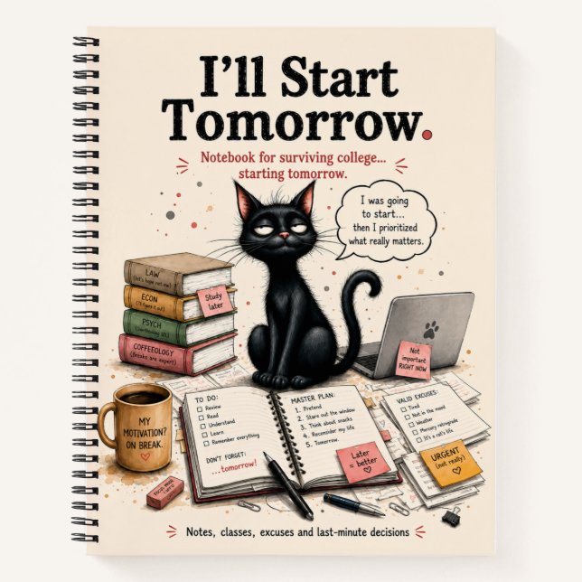 Carnet Funny Black Cat College Procrastination Notebook (Devant)