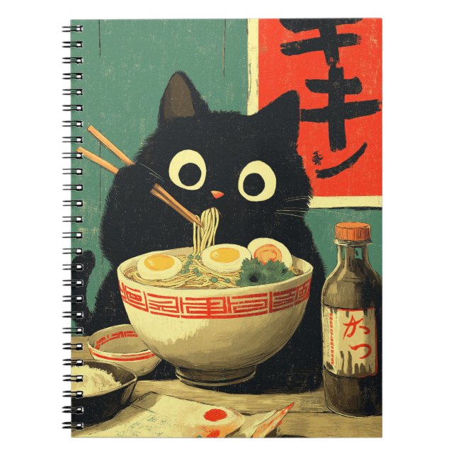Carnet Funny Black Cat Eating Ramen (Devant)