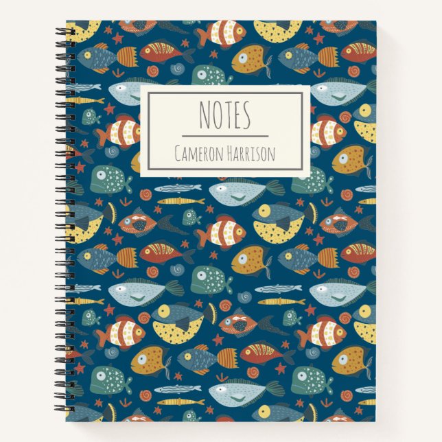 Carnet Funny Whimsical Ocean Fish Blue Personnalisé (Devant)