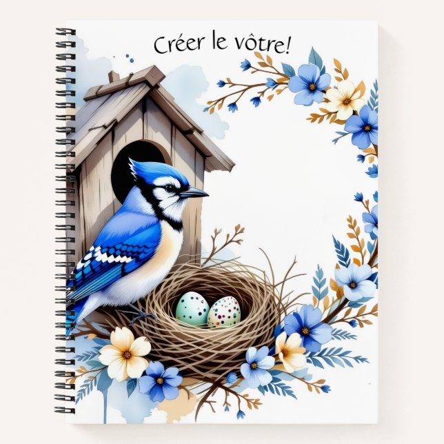 Carnet Geai bleu sur nichoir – Illustration florale paste (Devant)