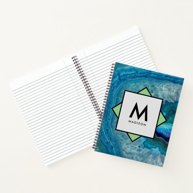 Carnet Géode Agate Bleu avec votre nom et Monogramme sur (Intérieur)