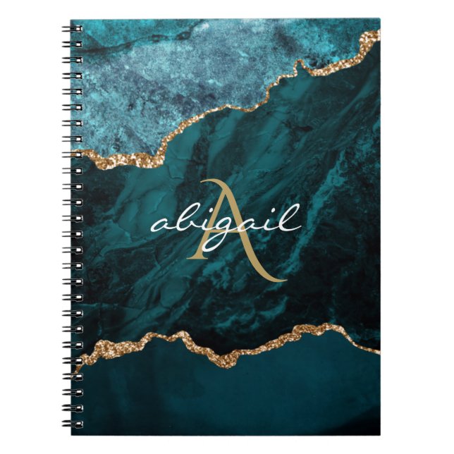 Carnet Géode d'agate sarcelle or monogramme (Devant)