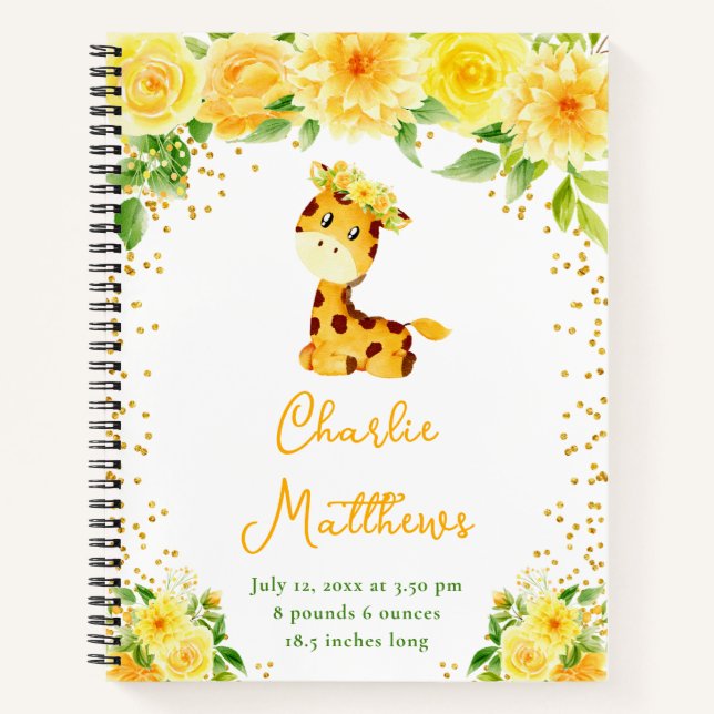 Carnet Giraffe Jaune Statistiques de naissance Florale (Devant)
