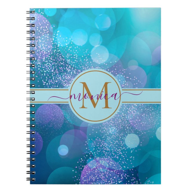 Carnet Girl Aqua Blue Bokeh Gold Parties scintillant Nom  (Devant)