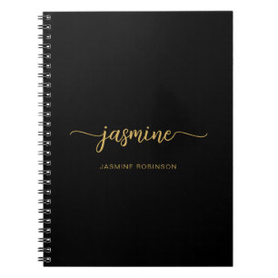 Carnet Girl Black Gold Modern Script Monogramme Nom