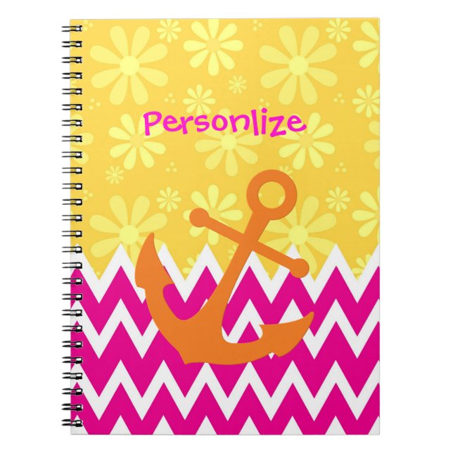 Carnet Girly Pink Chevrons Ancre nautique avec nom (Devant)