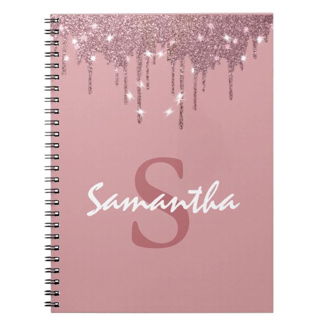 Carnet Girly Rose Gold Sparkle Glitter Drips monogram (Devant)