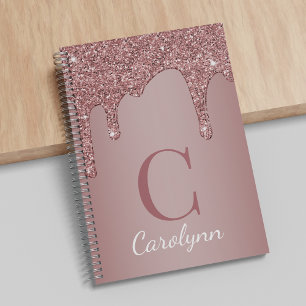 Carnet Girly Rose Gold Sparkle Glitter Drips monogram