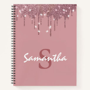 Carnet Girly Rose Gold Sparkle Glitter Drips monogram