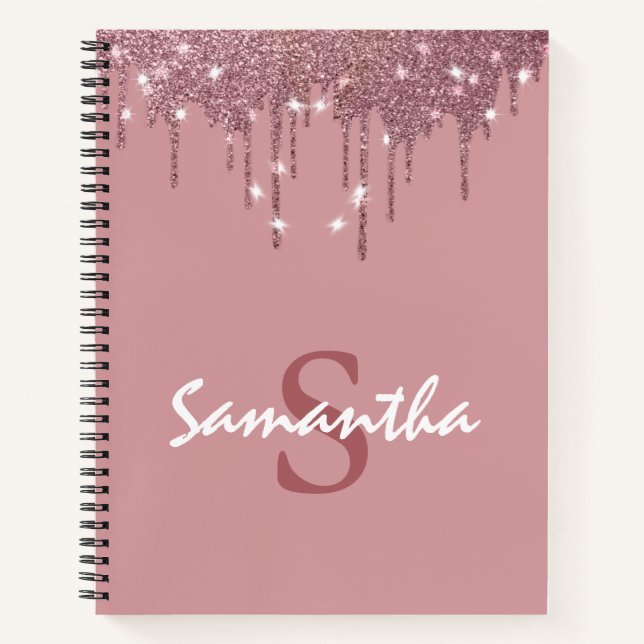 Carnet Girly Rose Gold Sparkle Glitter Drips monogram (Devant)