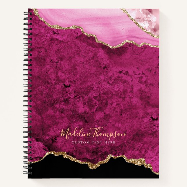 Carnet Glam Rose Magenta Velours Agate Géode Or Script (Devant)