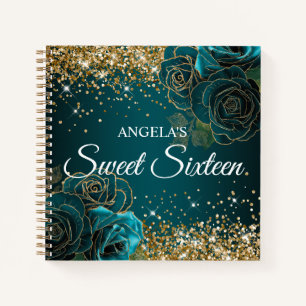 Carnet Glittery Gold Vintage Roses Turquoises Sweet 16 In