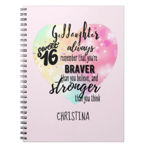 Carnet Goddaughter Sweet16 Quote Gift Braver Stronger