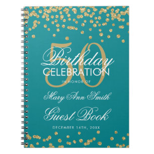 Carnet Gold 50th Birthday Guest Book Confetti Turquoise
