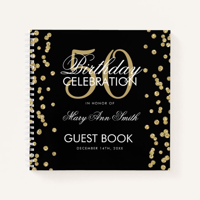 Carnet Gold 50th Birthday Guestbook Confetti Black (Devant)