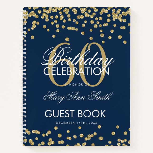 Carnet Gold 60th Birthday Guestbook Confetti Navy Blue (Devant)