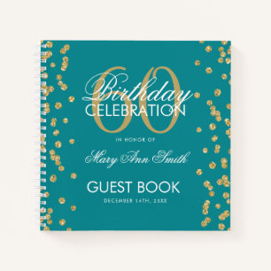 Carnet Gold 60th Birthday Guestbook Confetti Turquoise