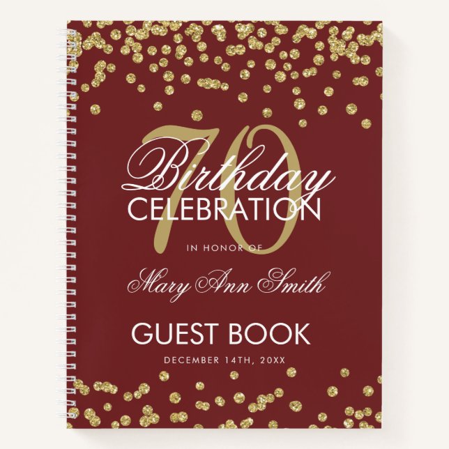Carnet Gold 70th Birthday Guestbook Confetti Bourgogne (Devant)