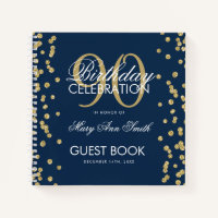 Gold 90th Birthday Guestbook Confetti Navy Blue