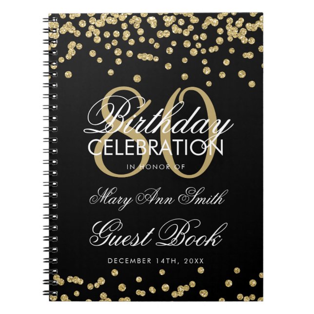 Carnet Gold Black 80th Birthday Guest Book Confetti (Devant)