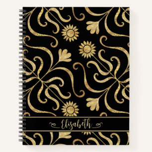 Carnet Gold Floral Damask Sunflower Classy Black Folk Art